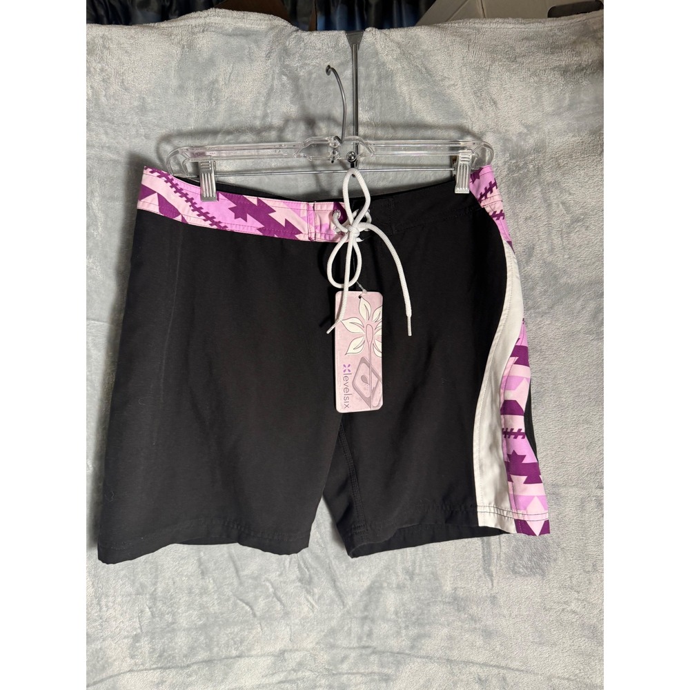 Level Six Womens Board Shorts Black Purple Geometric Paddle Surf Size
 8 NEW